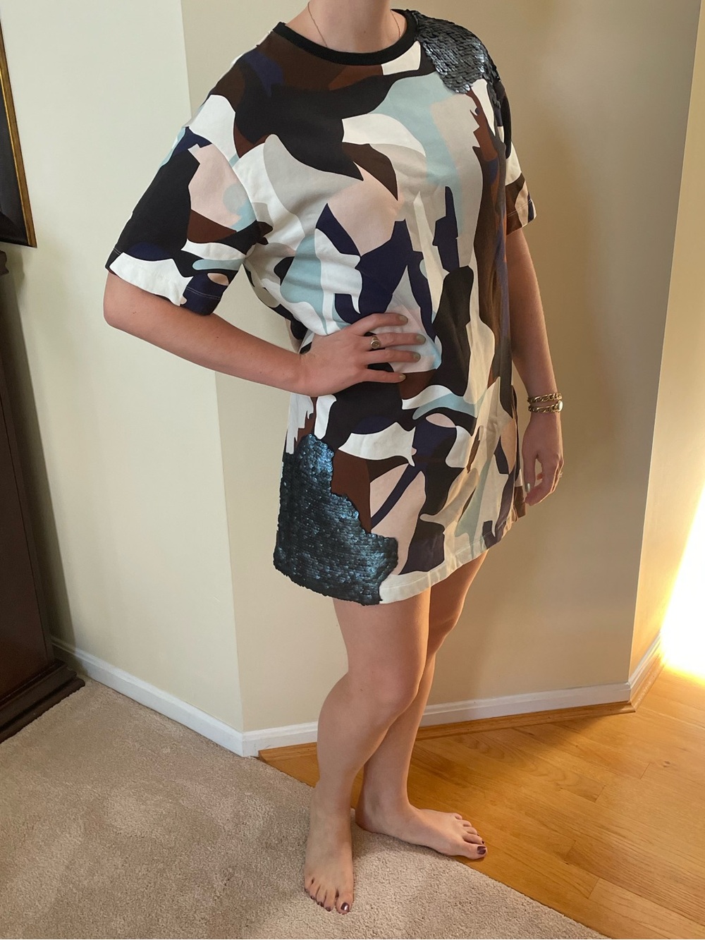 MSGM Printed/Sequin Short Sleeve Shift Dress